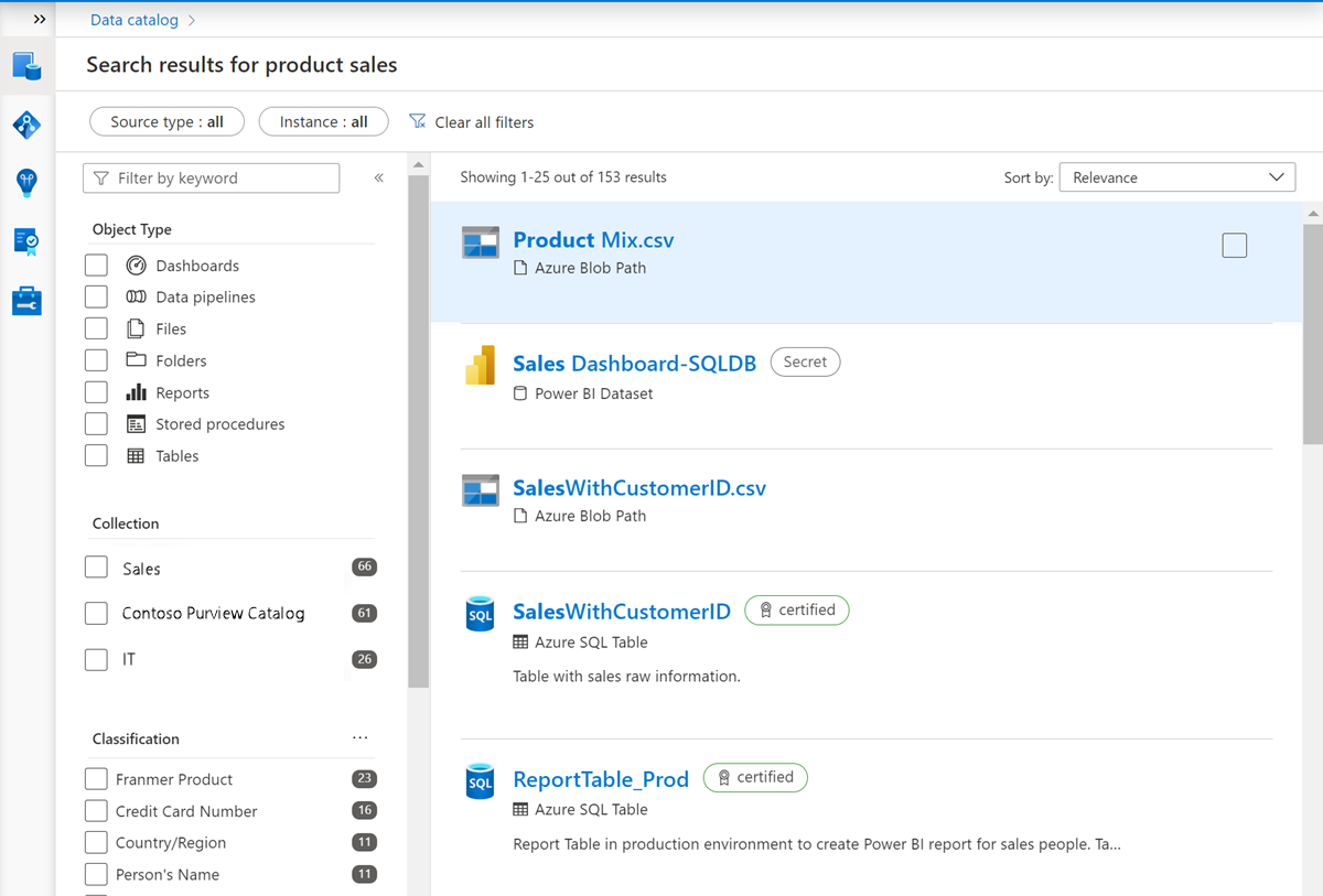 Microsoft Purview data catalog search results displaying a results for the product sales search, including .csv files and Azure SQL Tables.