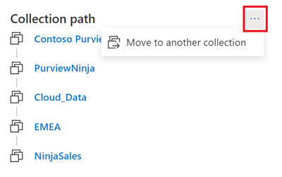 Microsoft Purview data catalog asset collection path, displaying the ability to move an asset to another collection.