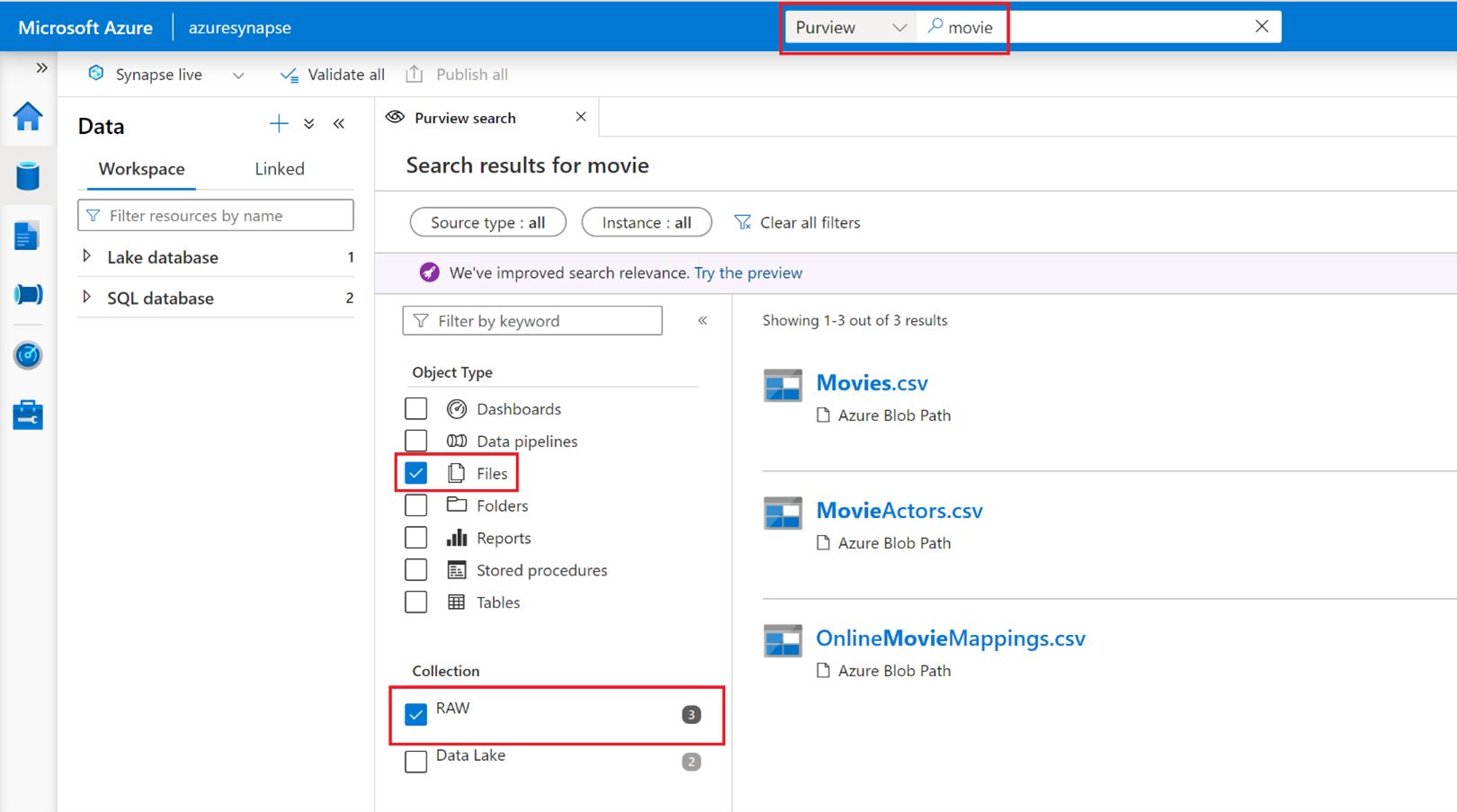 The term movie is in the search bar. The search can be refined by specifying an object typye and collection in the filter pane on the left side of the search results.