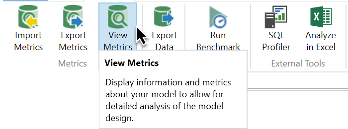 Screenshot of Advanced tab in DAX Studio with cursor over View Metrics button.