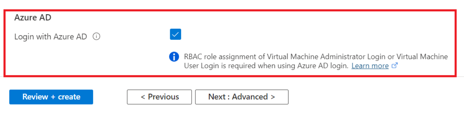 Screenshot of create or configure Windows virtual machine dialog.  The checkbox for Login with Microsoft Entra ID is selected.