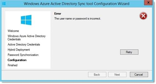 Screenshot of the error message in the Windows Azure Directory Sync tool Configuration Wizard.