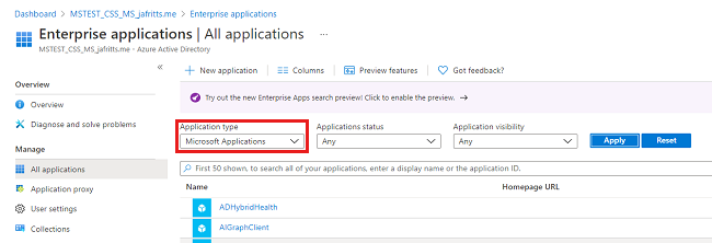 Screenshot of the Application Type drop-down menu where Microsoft Applications is selected.