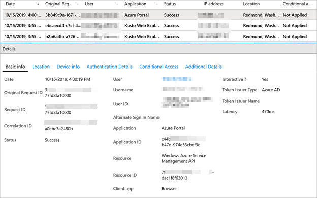 Screenshot of a sign-in report in Azure Active Directory.