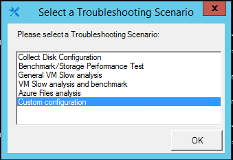 Screenshot of the Select a Troubleshooting Scenario dialog box, where Custom configuration is selected.