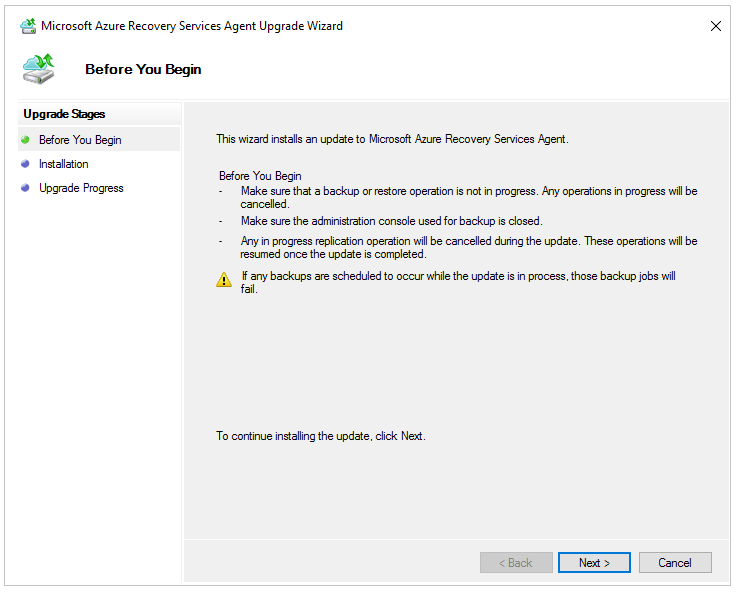 Screenshot of the Microsoft Azure Recovery Services Agent Upgrade Wizard.