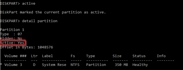 Screenshot of the diskpart window with the output of the detail partition command, where partition 1 is set to Active: Yes.