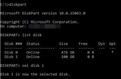 Screenshot of the diskpart window, which shows the result of listing and then selecting disk.
