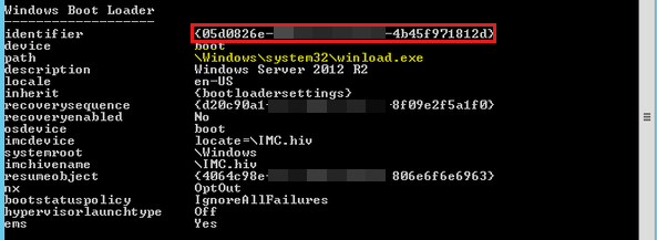 Screenshot shows the output of listing the BCD store in a Generation 1 VM, which lists the identifier number under Windows Boot Loader .