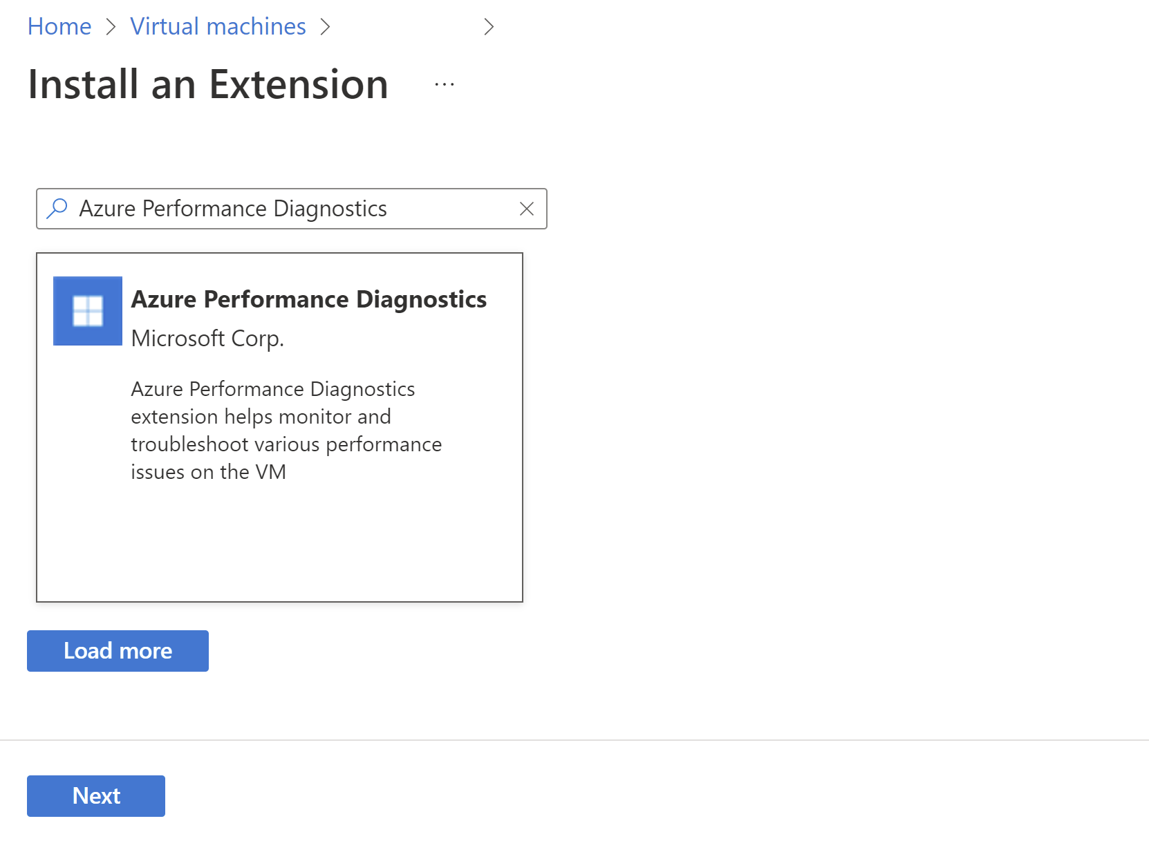 Screenshot of New resource screen, with Azure Performance Diagnostics highlighted.