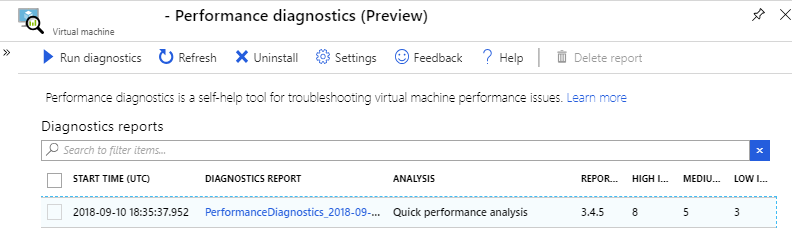Screenshot of selecting a diagnostics report from Performance diagnostics blade.