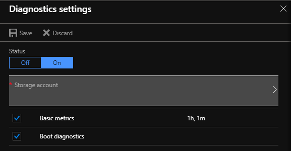 Screenshot of the Diagnostics settings page in Azure portal. The Boot diagnostics option is enabled.