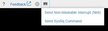 Screenshot of the Azure Serial Console. The keyboard icon is highlighted, and its menu is visible. That menu contains a Send SysRq Command item.