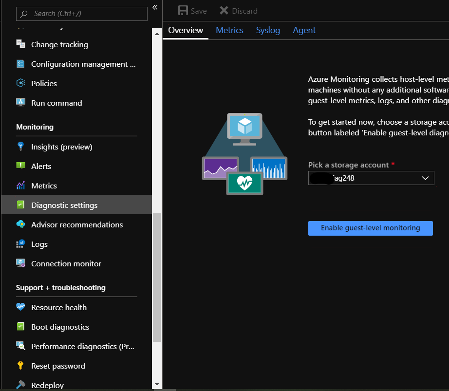 Screenshot shows steps to enable VM diagnostics.