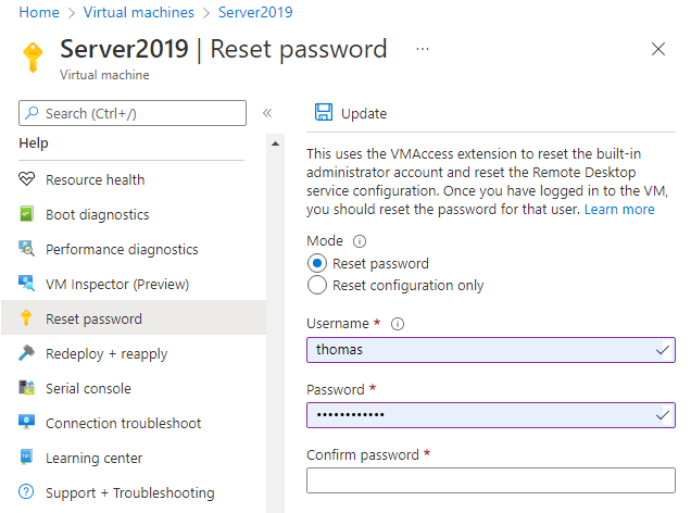 Screenshot of the setting window of Reset Password when the Mode is set to Reset password.