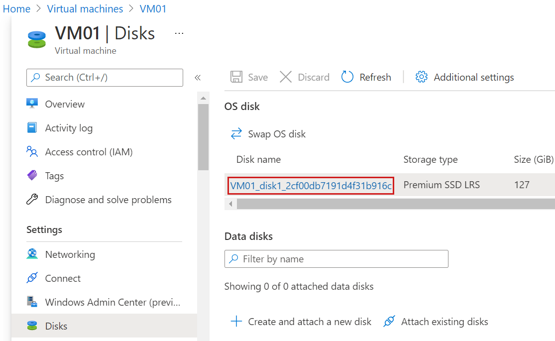 Screenshot of the Disks blade of a V M in Azure portal, showing the O S disk highlighted.