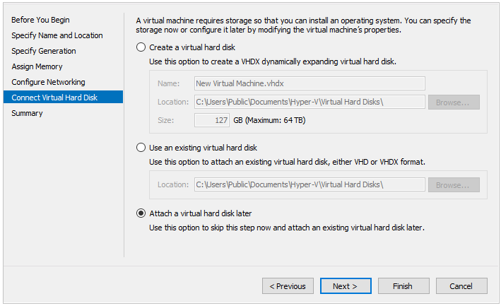 Screenshot shows the Attach a Virtual Hard Disk Later option under the Connect Virtual Hard Disk entry.