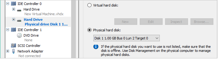 Screenshot shows the Physical hard disk area.