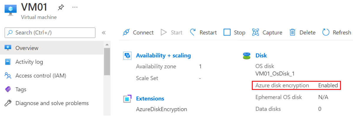 Screenshot of the overview blade for a V M in azure portal showing A D E is enabled on the disk.
