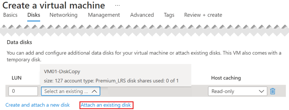 Screenshot of the Disks page of the create a virtual machine wizard, with a disk highlighted along with the option to attach an existing disk.