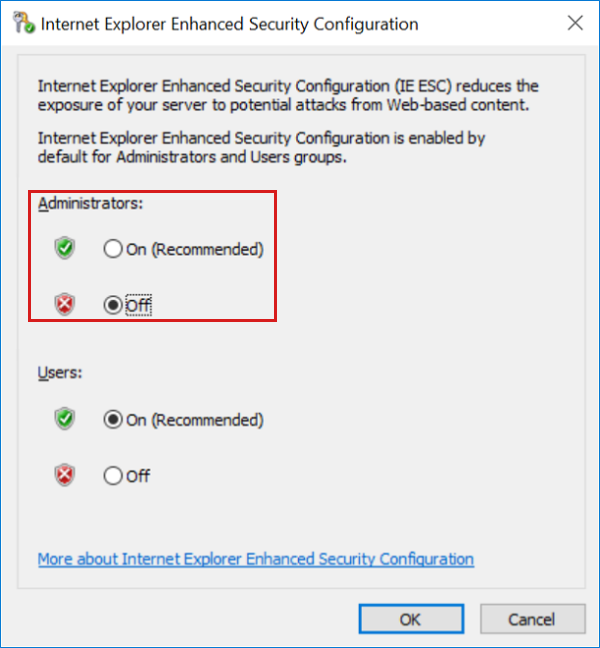 Screenshot of the dialog box for internet explorer enhanced security configuration, with the setting turned off for administrators.