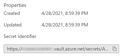 Screenshot of the secret properties in Azure portal, with the secret identifier U R L.