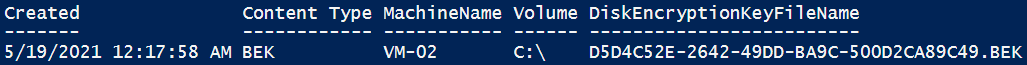 Screenshot of PowerShell output in a table showing the disk encryption key file name for a content type of bek.