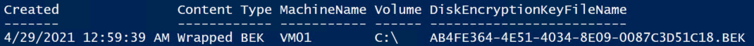 Screenshot of PowerShell output in a table showing the disk encryption key file name for a wrapped bek.