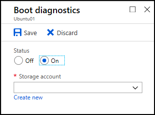Screenshot of the On option under the Status item and the Storage account field in the Boot diagnostics page.