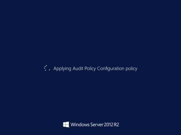Screenshot shows the Windows Server 2012 O S is unresponsive during a boot, with the message: Applying Audit Policy Configuration policy.