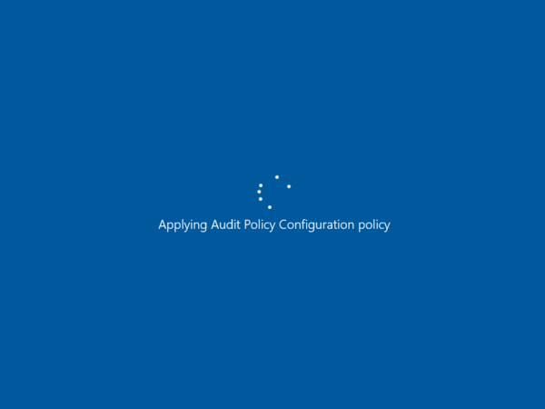 Screenshot shows the O S is unresponsive during a boot, with the message: Applying Audit Policy Configuration policy.