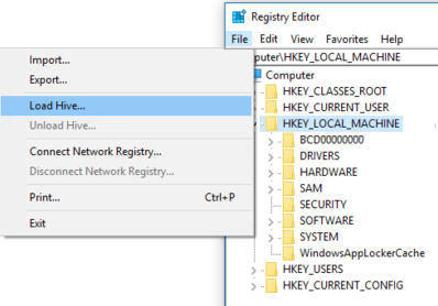 Screenshot shows steps to load a hive in the Registry Editor.