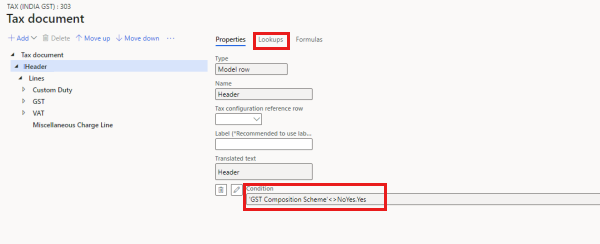 The Condition field on the Lookups tab for the Header node on the Tax document page.