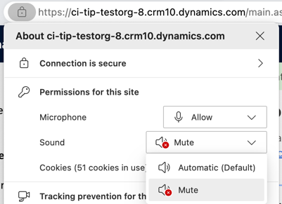 Screenshot that shows how to enable sound permissions by selecting Automatic(Default) after you select the Mute in Microsoft Edge.