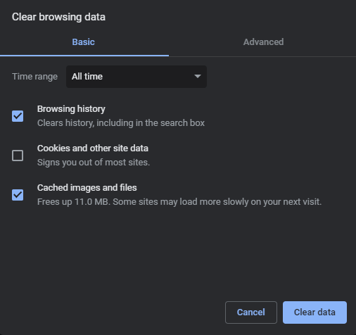 Screenshot that shows how to clear browsing data for Google Chrome.