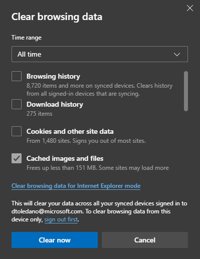 Screenshot that shows how to clear browsing data for Microsoft Edge.