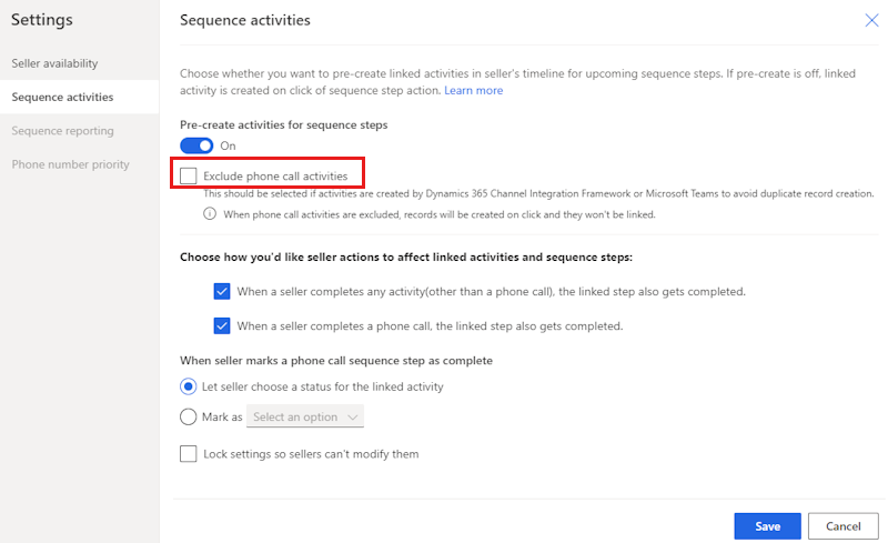 Screenshot that shows the Exclude phone call activities checkbox on the Sequence activities page of Sales accelerator settings.