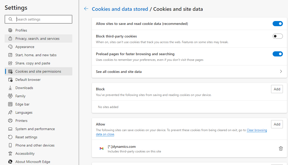 Screenshot shows the settings of cookies and site permisisions in Microsoft Edge.