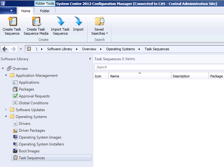 Screenshot of the Create task sequence option in System Center Configuration Manager Console.
