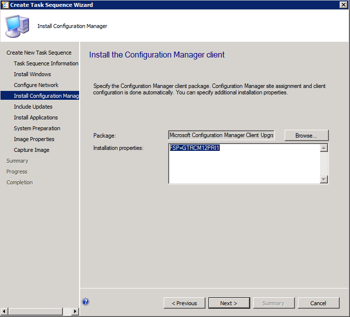 Screenshot of the Install the Configuration Manager client page.