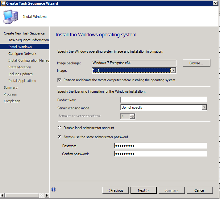 Screenshot of the Install the Windows operating system page, where you can typing the admin password.