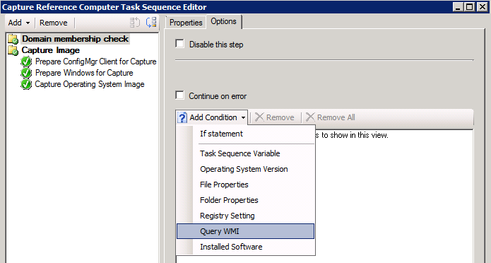 Screenshot of the Query WMI option under Options.