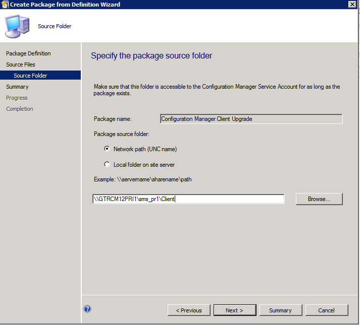 Screenshot of the Specify the package source folder page.