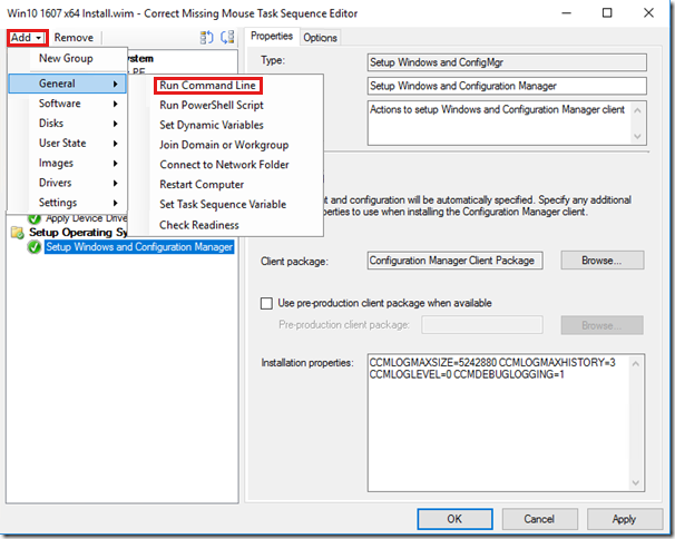 Screenshot shows the right-click menu to add a Run Command Line task for Setup Windows and Configuration Manager.