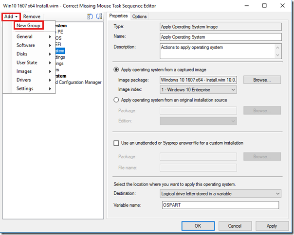 Screenshot shows the right-click menu to add a new group for Apply Operating System task.