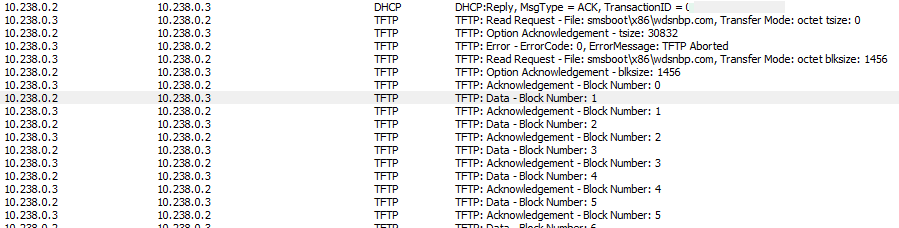 Screenshot shows the end of the DHCP conversation and the start of the TFTP transfer.
