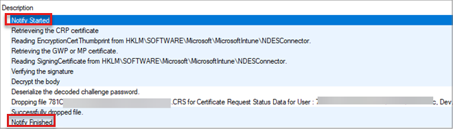 Screenshot of entries in the Certificate Registration Point log.