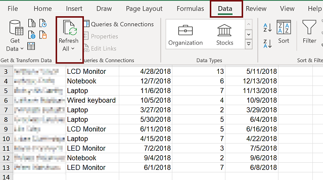 Screenshot that shows how to refresh your app data in Excel.