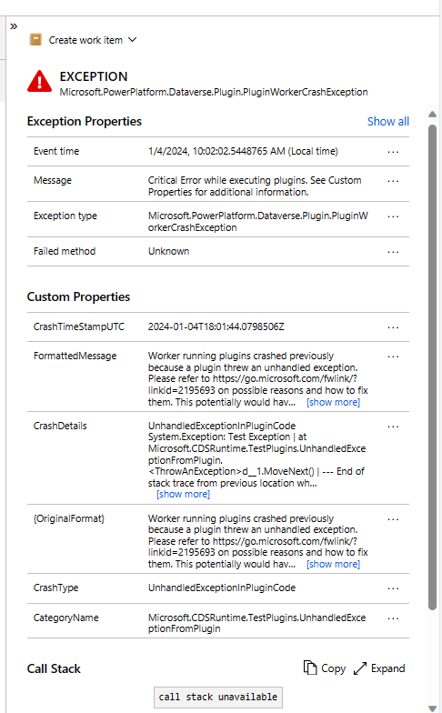 Example of an Application Insights plug-in crash report.