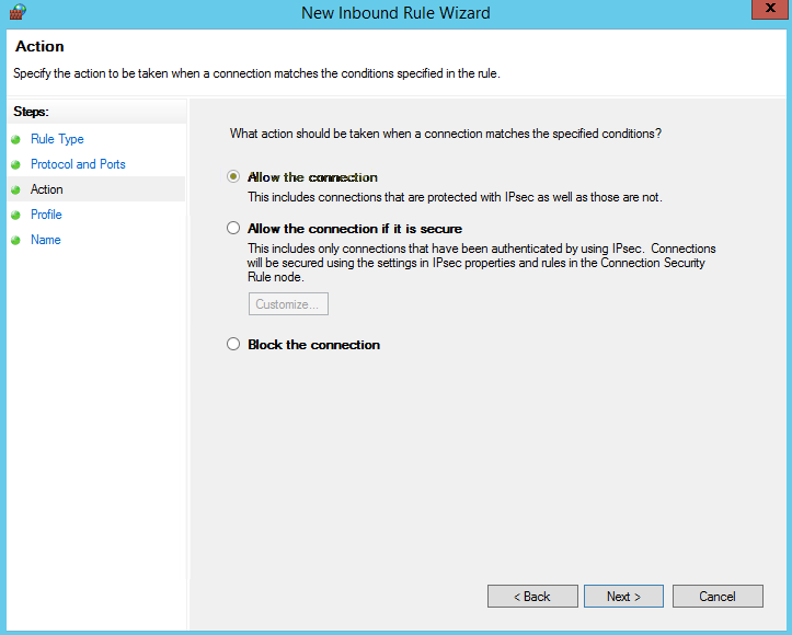 Screenshot 2 of the Action step of New Inbound Rule Wizard.